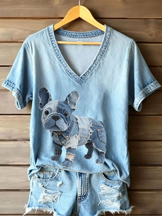 Denim Patchwork Art Bulldog Français Motif V-Neck T-Shirt des femmes