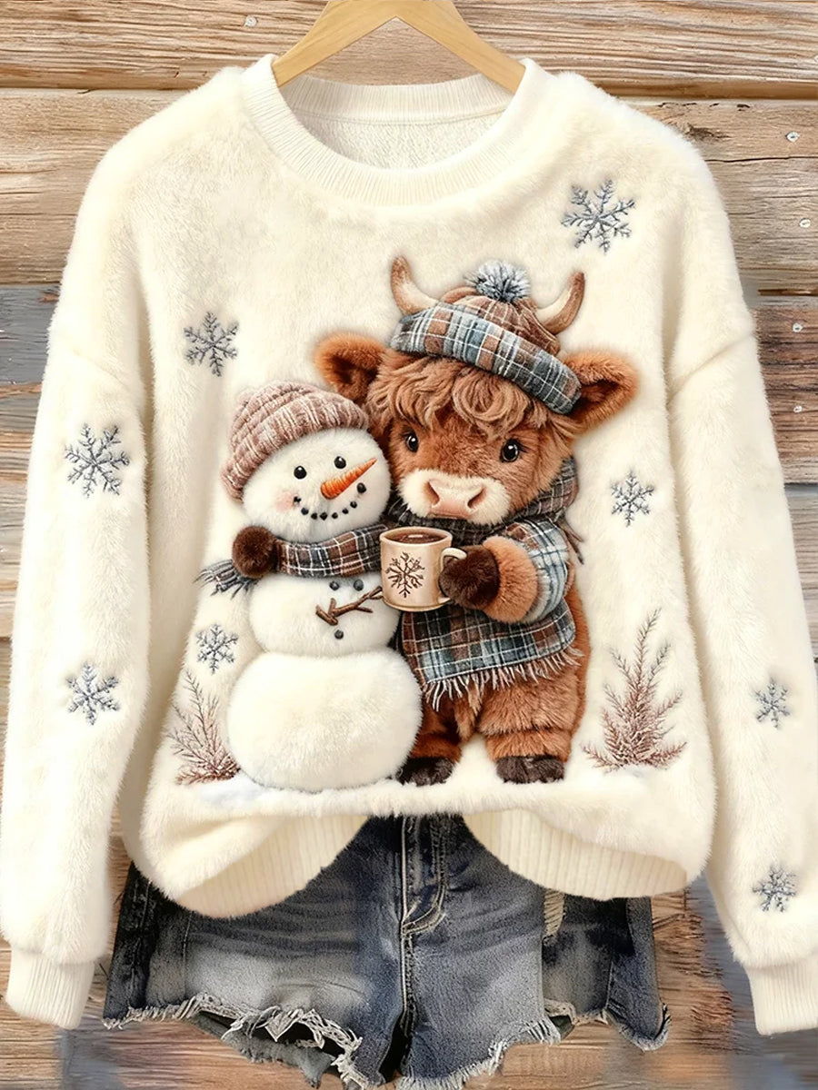 Top Décontracté en Flanelle Imprimé Art de Noël Animal Rétro Femme
