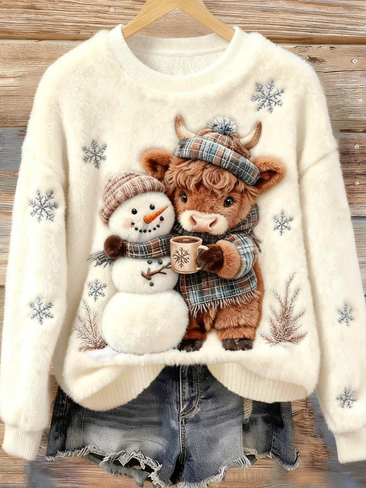 Top Décontracté en Flanelle Imprimé Art de Noël Animal Rétro Femme
