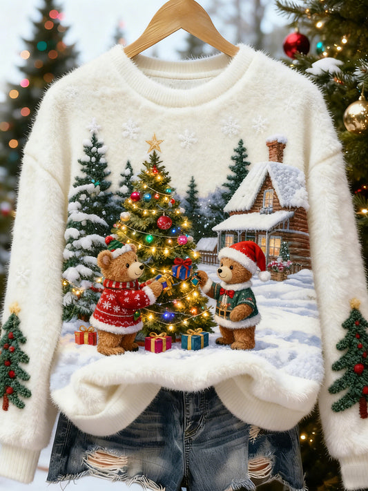 Top Décontracté en Flanelle Imprimé Art de Noël Animal Rétro Femme