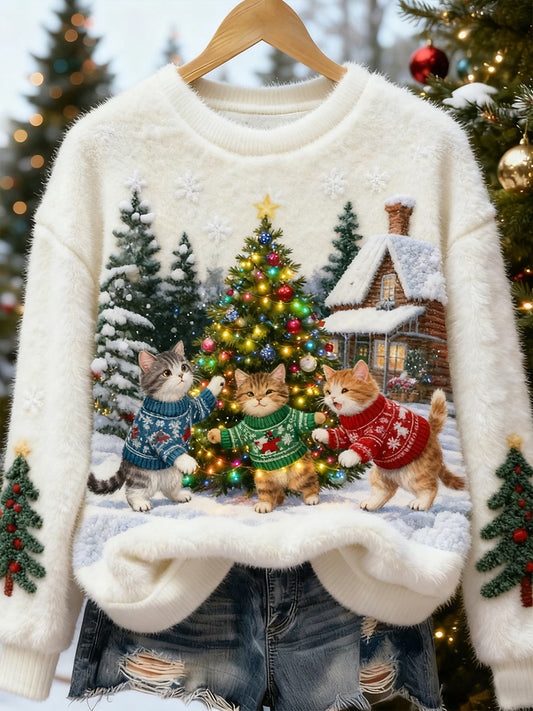 Top Décontracté en Flanelle Imprimé Art de Noël Animal Rétro Femme