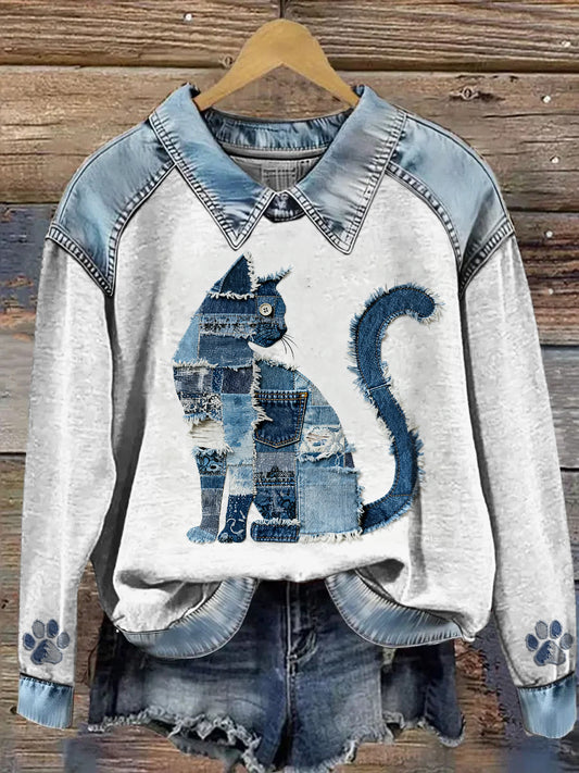 Cow-boy Collage Animal Imprimé Denim Patchwork Lapel Sweat à manches longues pour femmes