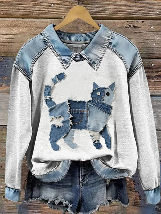 Cow-boy Collage Animal Imprimé Denim Patchwork Lapel Sweat à manches longues pour femmes