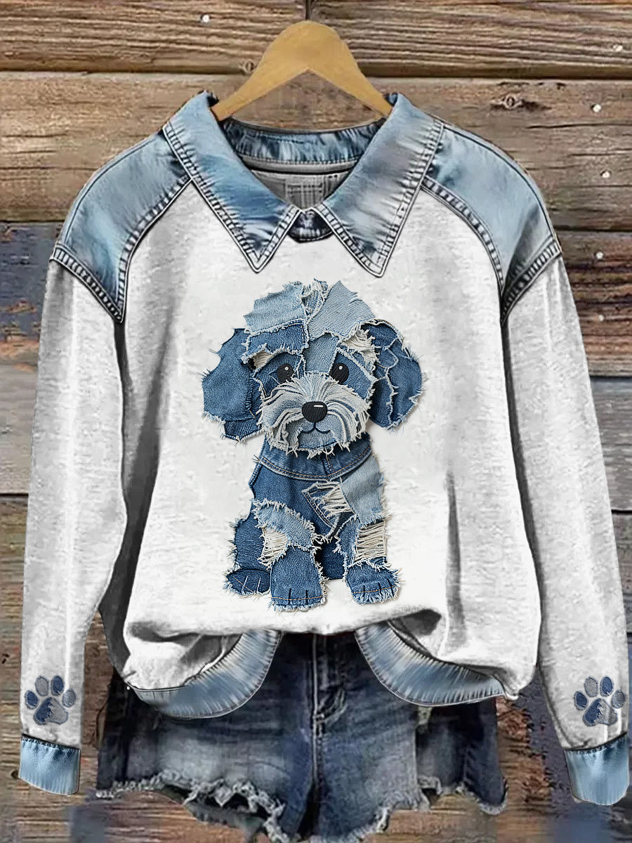 Cow-boy Collage Animal Imprimé Denim Patchwork Lapel Sweat à manches longues pour femmes