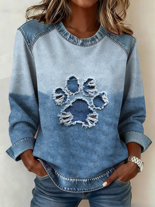 Sweat à col rond en denim Dog Paw pour femme