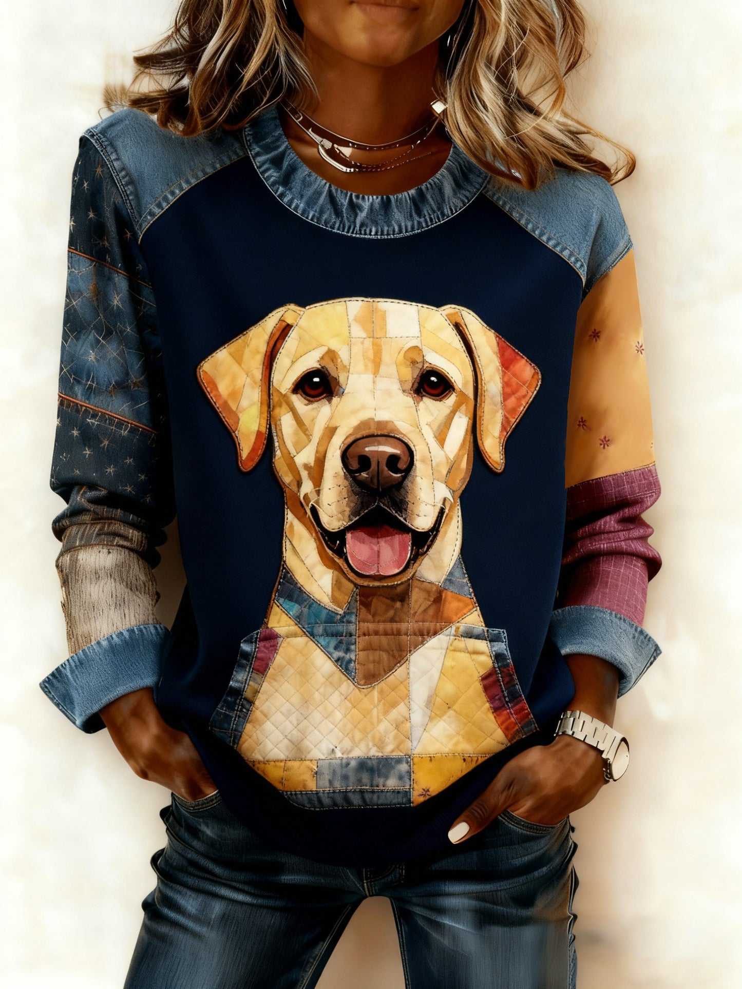 Sweat-shirt Femme Art Dog Denim Patchwork