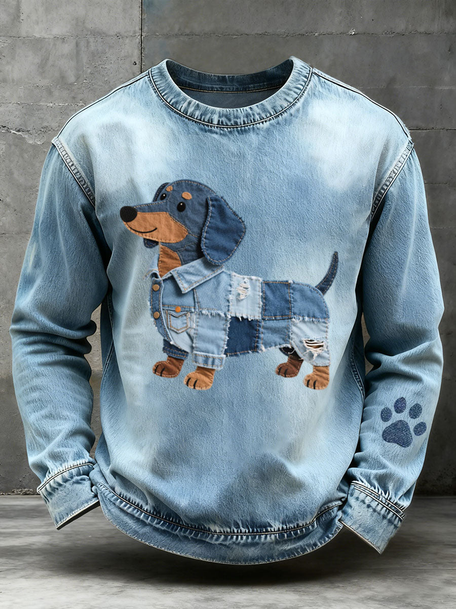 Hommes Denim Patchwork Art Teckel Motif Sweatshirt