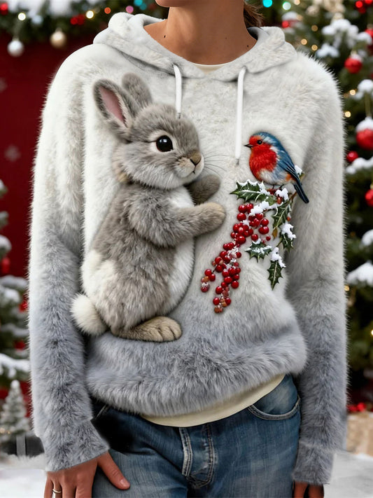 Sweat à Capuche en Flanelle Lapin de Noël Femme