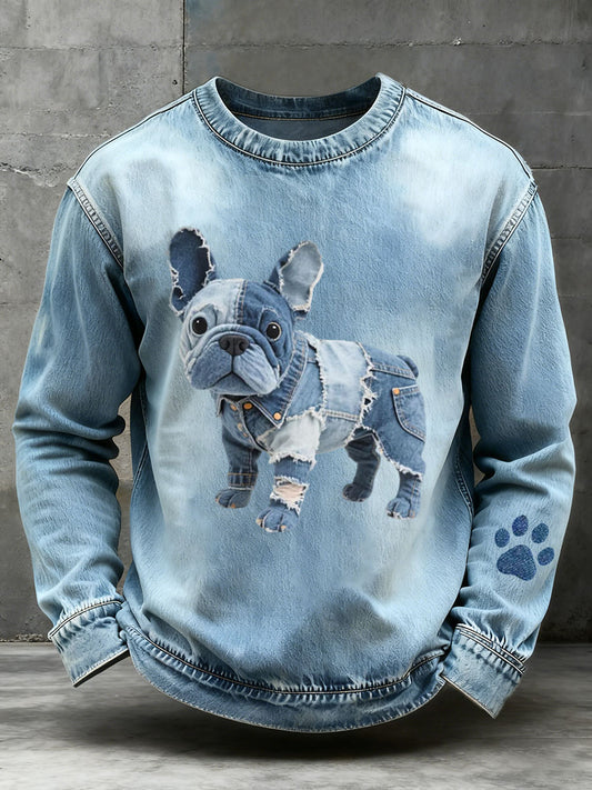 Hommes Denim Patchwork Art Français Bulldog Motif Sweatshirt