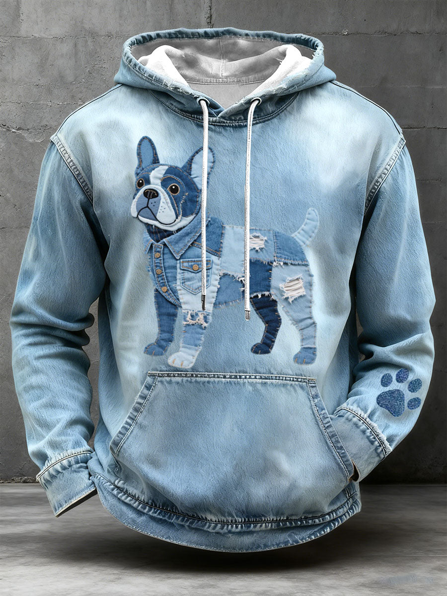 Hommes Denim Patchwork Art Français Bulldog Motif Hoodie