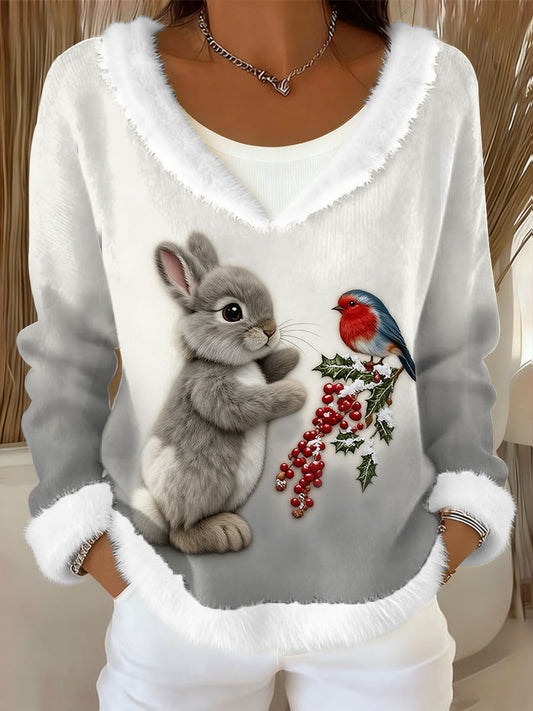 Haut Femme Motif Lapin De Noël Doublé D'ouatine