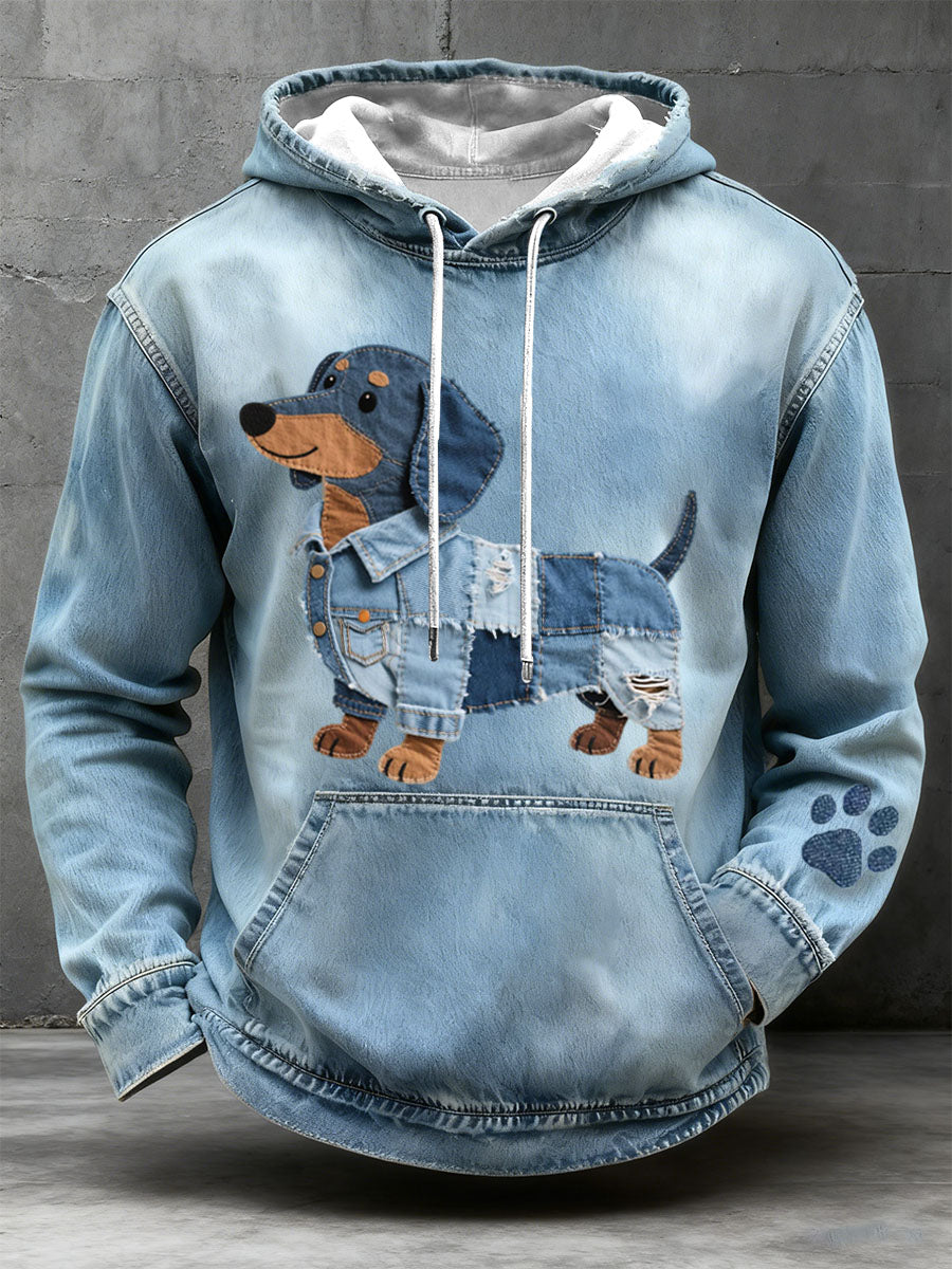 Denim Patchwork Art Teckel à capuche pour hommes