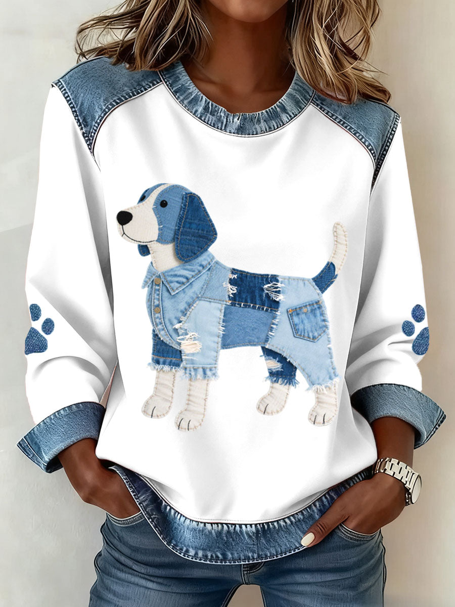 Lovely Beagle Dog Pattern Denim Patchwork Sweatshirt des femmes