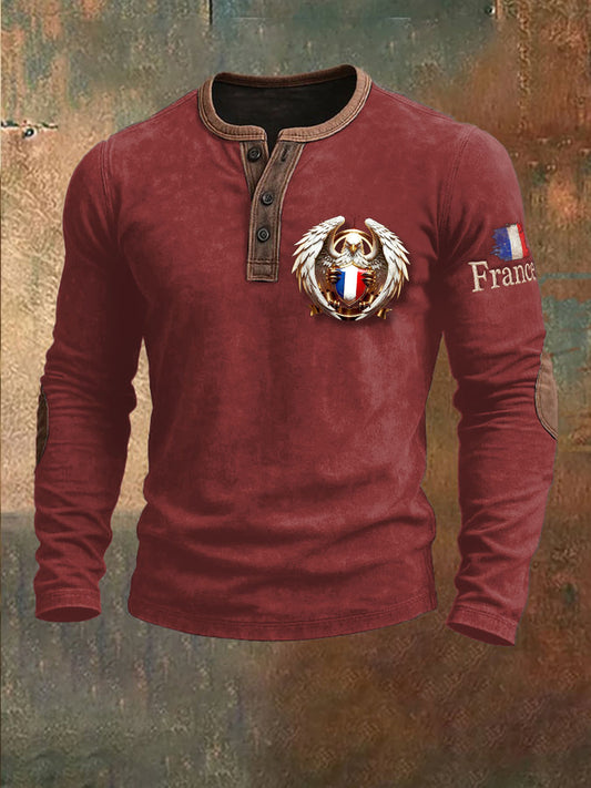 Sweat-shirt à manches longues pour homme Drapeau français Eagle Patchwork