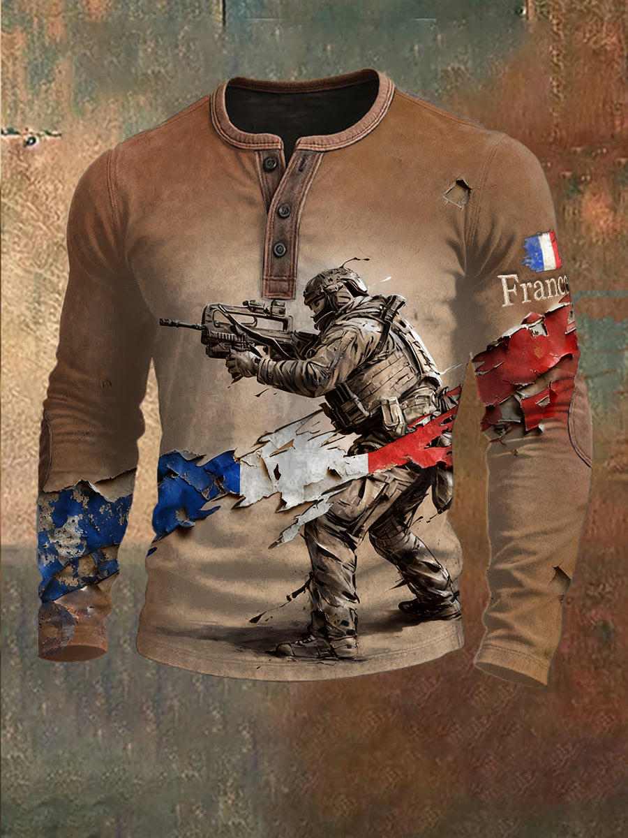 Sweat-shirt à manches longues en patchwork pour homme, drapeau militaire français