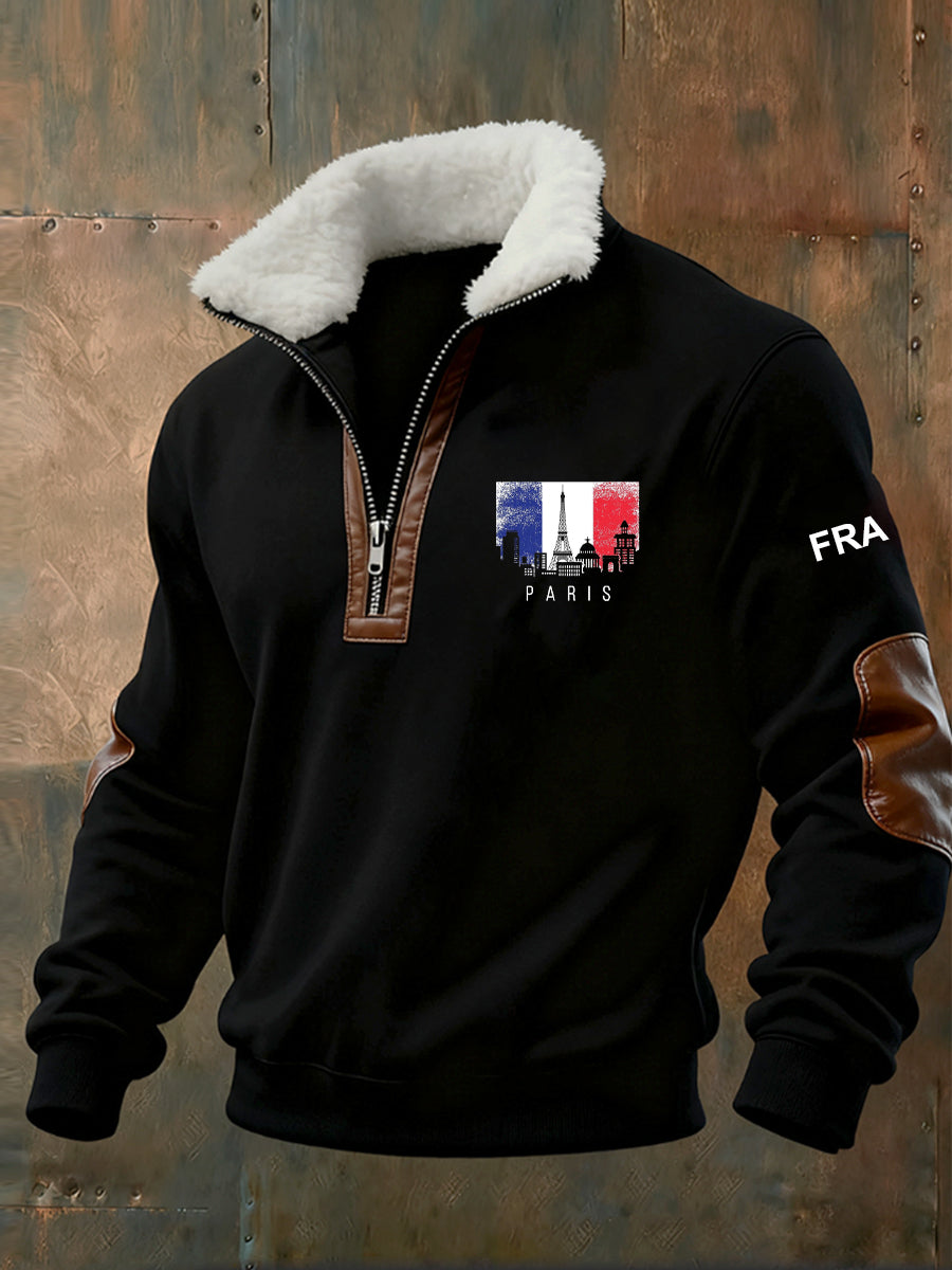 Sweat-shirt décontracté imprimé vintage pour homme avec col en polaire