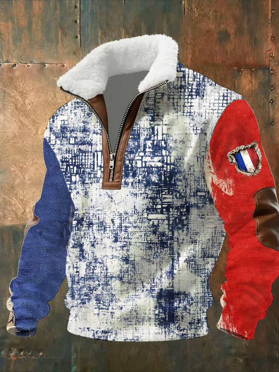 Sweat-shirt décontracté imprimé vintage pour homme avec col en polaire