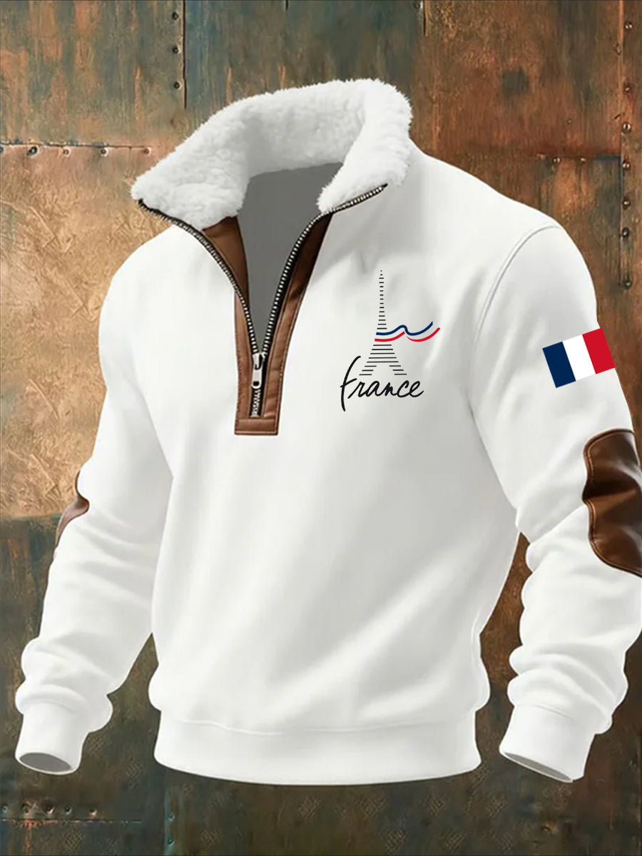 Sweat-shirt décontracté imprimé vintage pour homme avec col en polaire