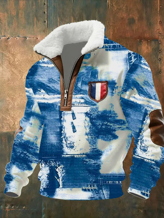 Sweat-shirt décontracté imprimé vintage pour homme avec col en polaire