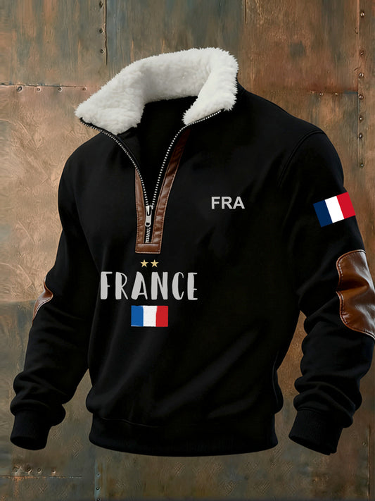 Sweat-shirt décontracté imprimé vintage pour homme avec col en polaire