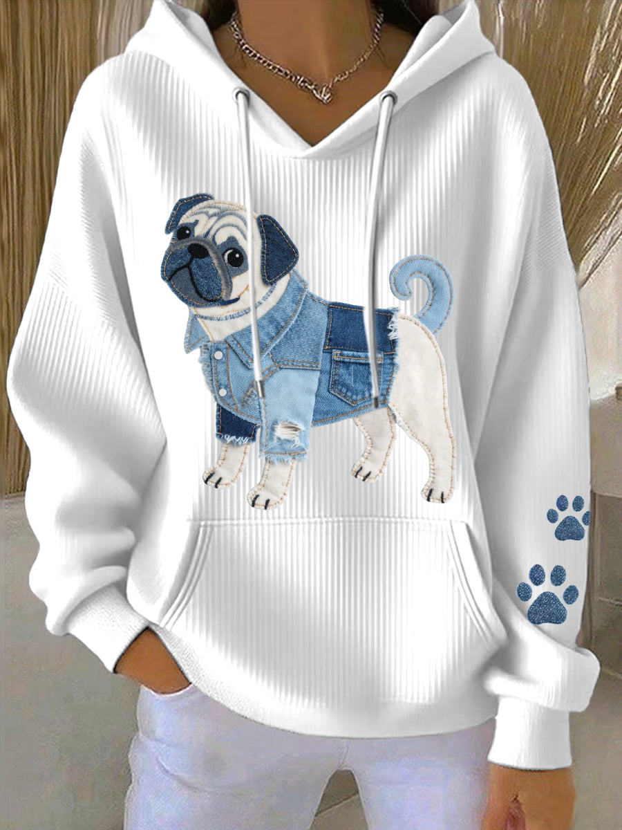 Femmes Denim Patchwork Art Pug Dog Pattern Hoodie