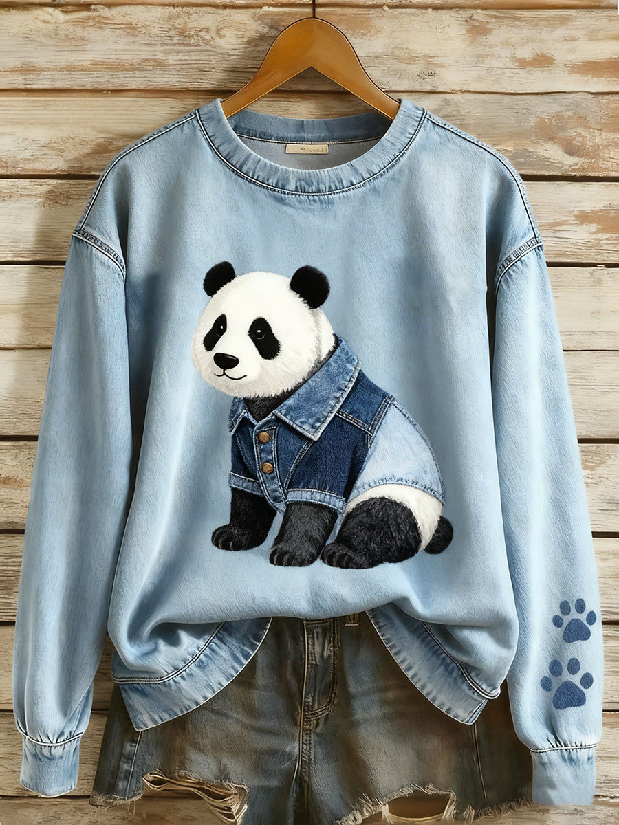 Rétro Denim Patchwork Animal Art Print Casual Comfort Sweat-shirt à manches longues pour femmes