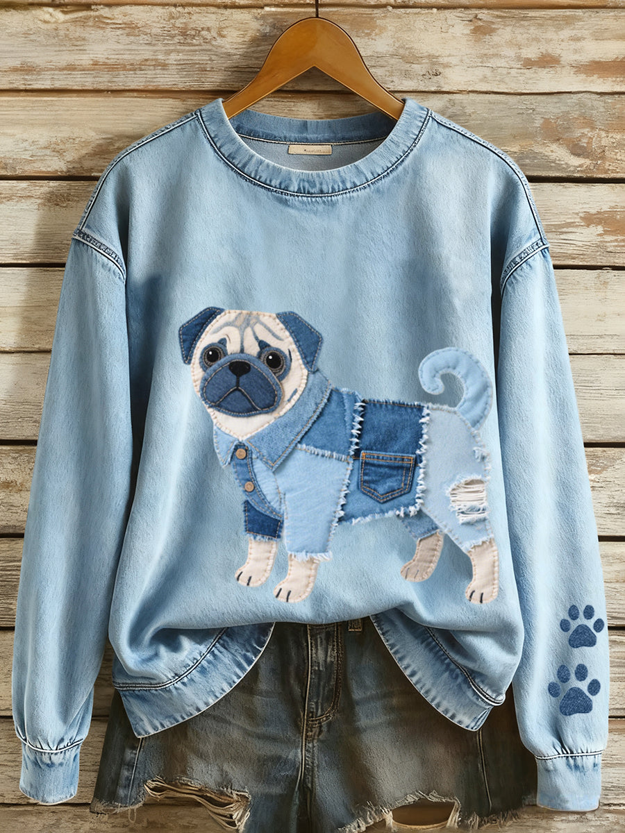 Femmes Denim Patchwork Art Pug Dog Pattern Sweatshirt