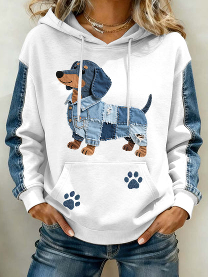 Belle Teckel Motif Denim Patchwork Art Hoodie des femmes