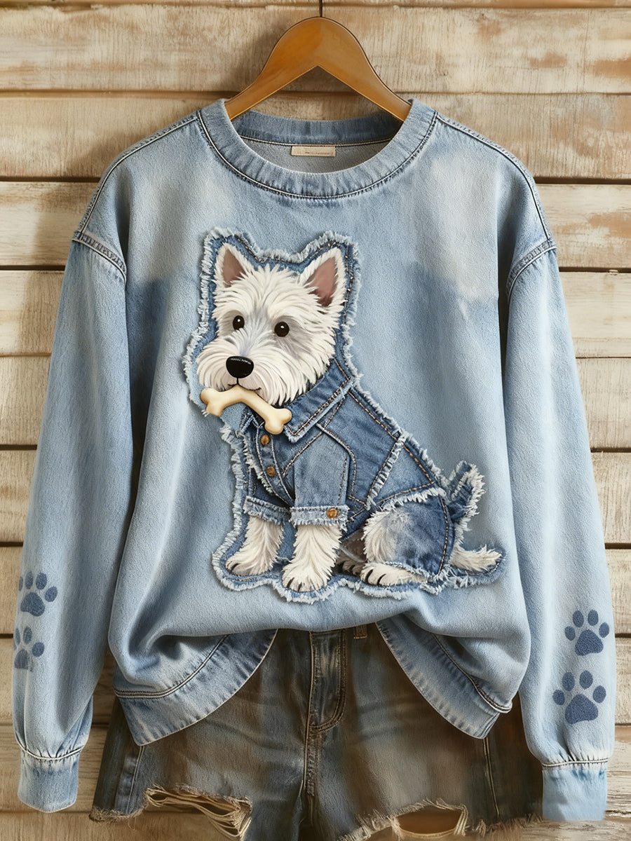 Rétro Denim Patchwork Animal Art Print Casual Comfort Sweat-shirt à manches longues pour femmes