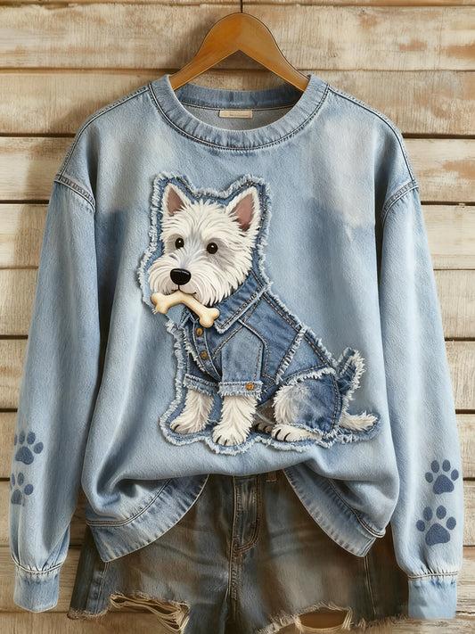 Rétro Denim Patchwork Animal Art Print Casual Comfort Sweat-shirt à manches longues pour femmes
