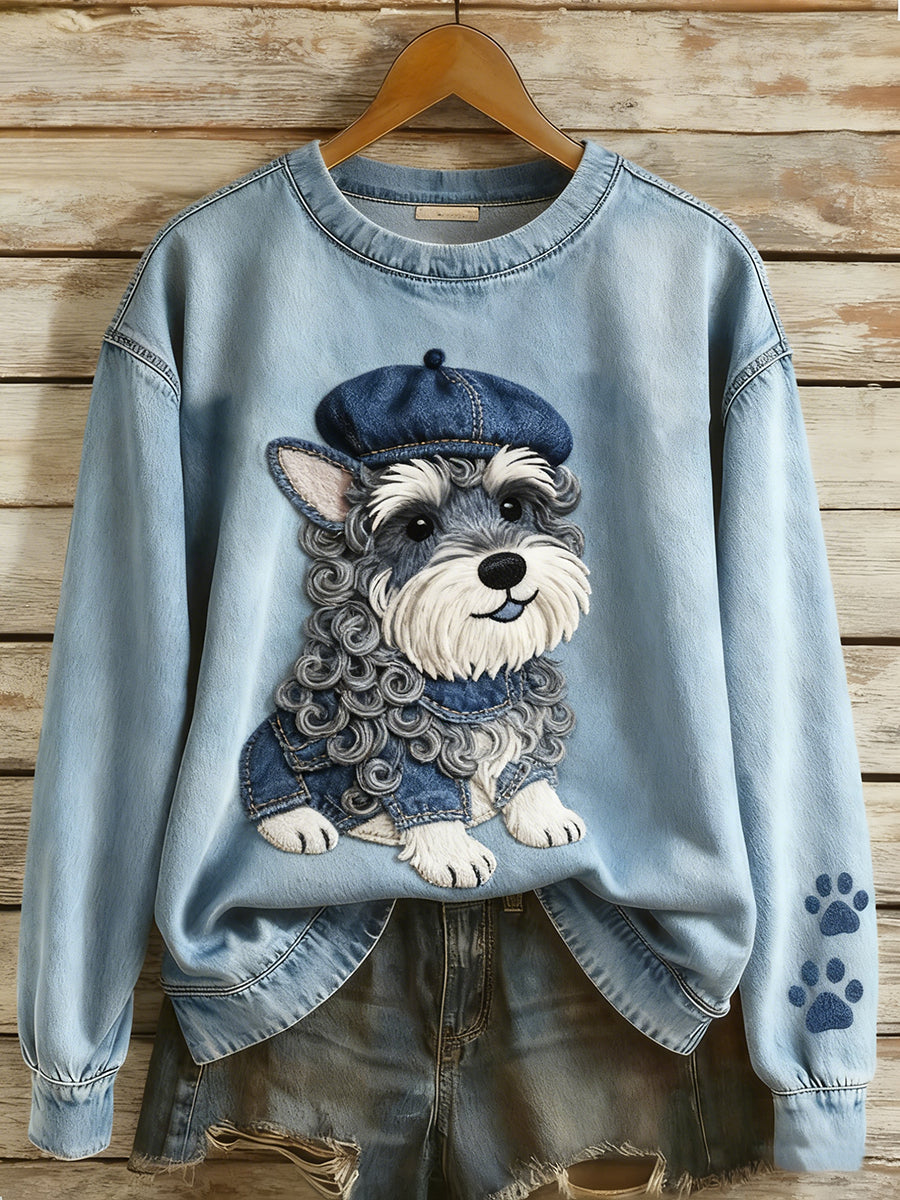 Rétro Denim Patchwork Animal Art Print Casual Comfort Sweat-shirt à manches longues pour femmes