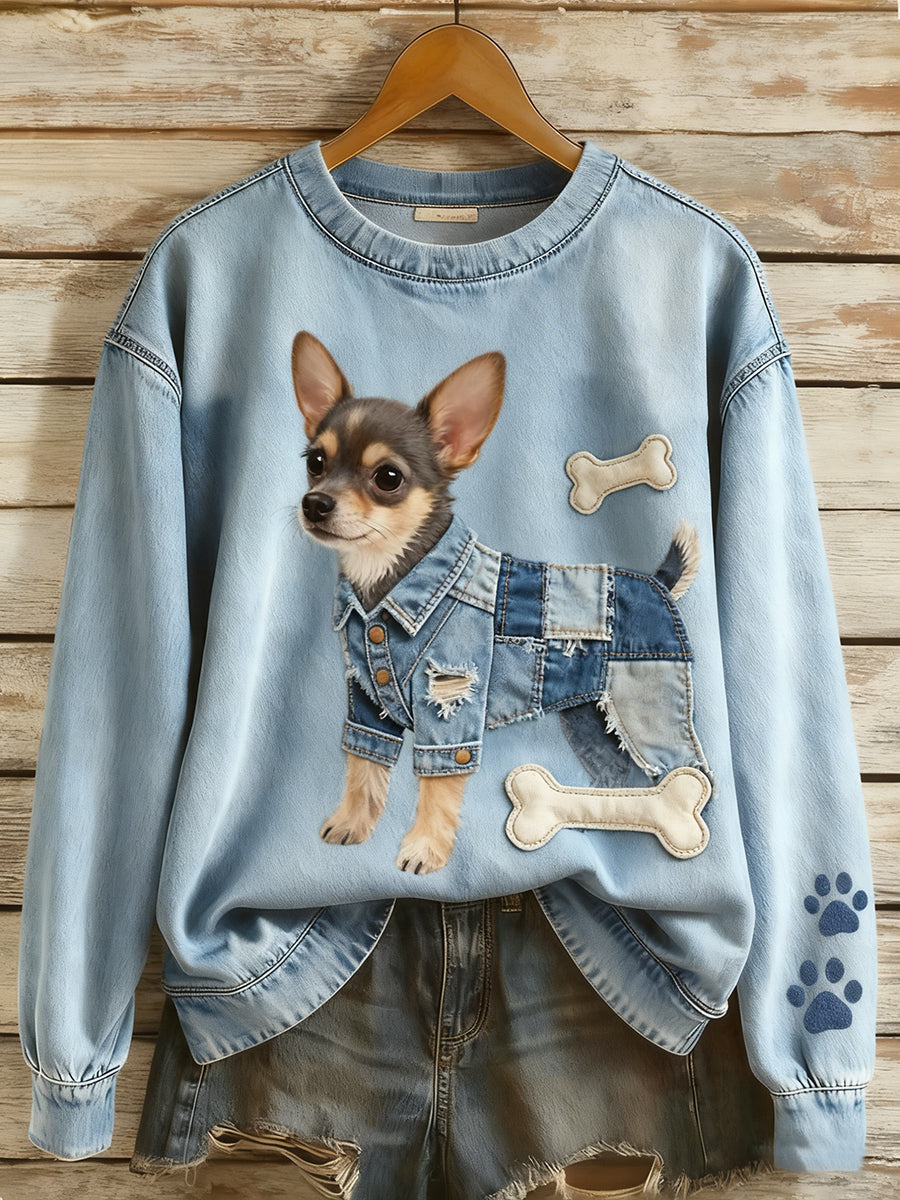 Rétro Denim Patchwork Animal Art Print Casual Comfort Sweat-shirt à manches longues pour femmes
