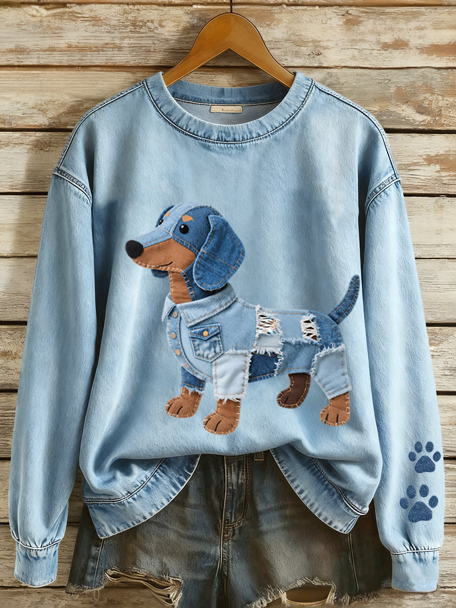 Femmes Denim Patchwork Art Teckel Motif Sweatshirt