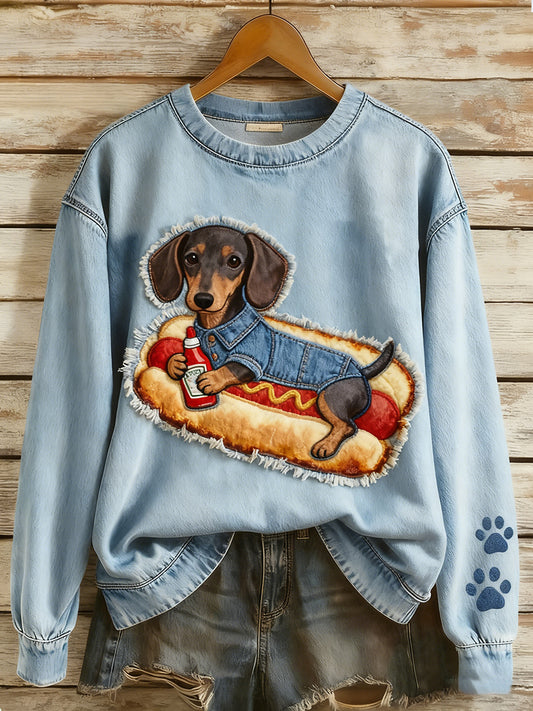 Rétro Denim Patchwork Animal Art Print Casual Comfort Sweat-shirt à manches longues pour femmes