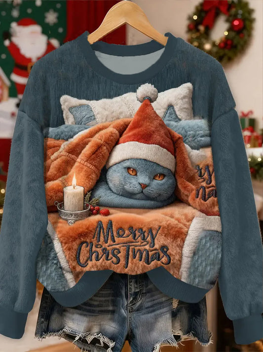 Sweat à capuche en flanelle pour femmes motif chat mignon de Noël