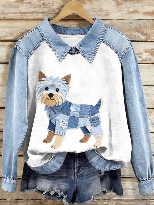 Femmes Denim Patchwork Yorkshire Terrier Chien Motif Sweatshirt