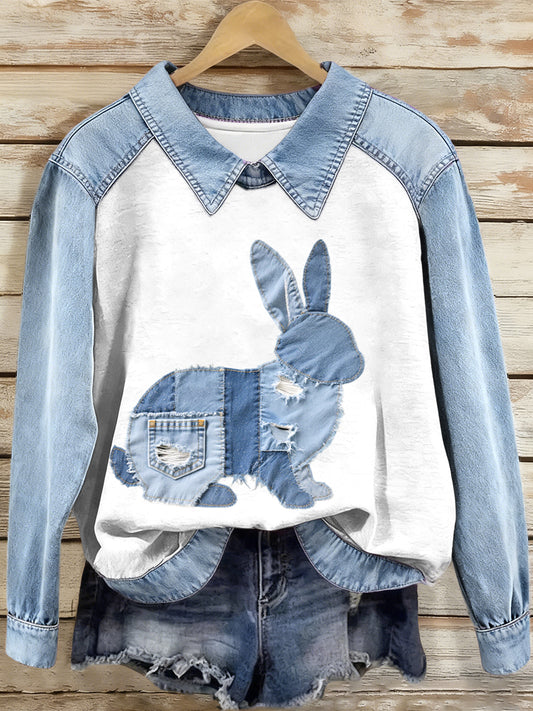 Femmes Denim Patchwork Bunny Pattern Sweatshirt