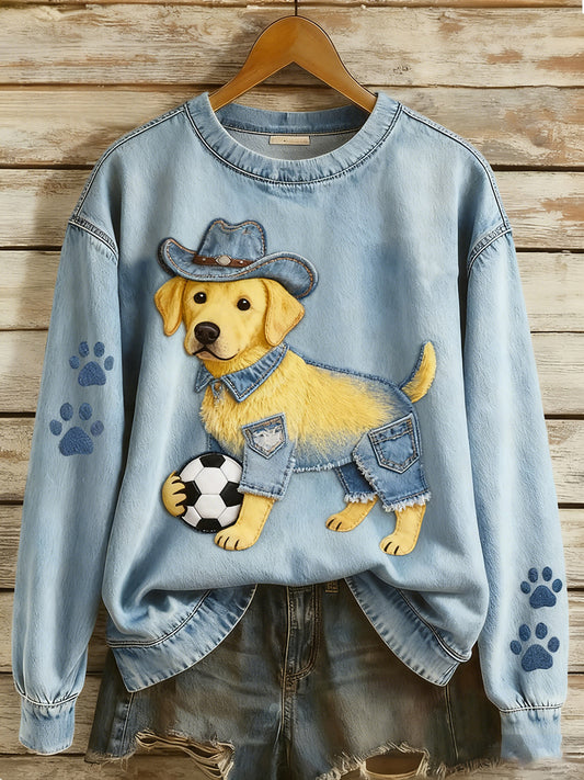 Rétro Denim Patchwork Animal Art Print Casual Comfort Sweat-shirt à manches longues pour femmes