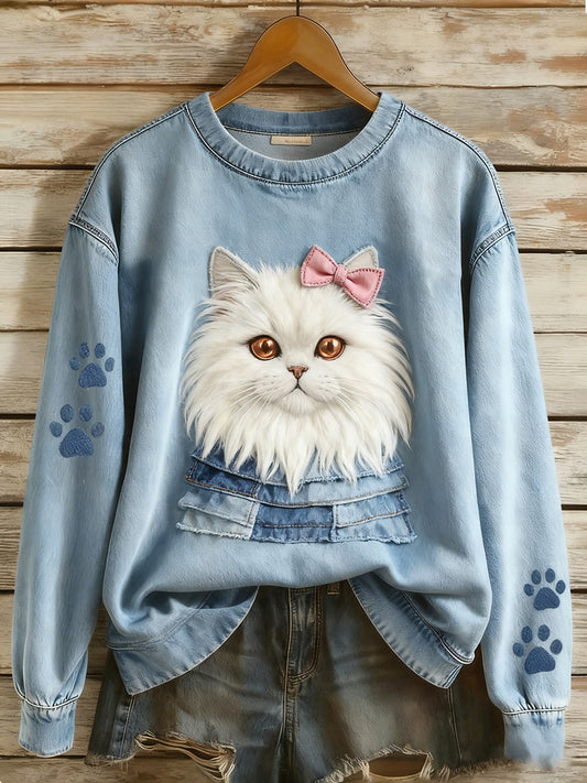 Rétro Denim Patchwork Animal Art Print Casual Comfort Sweat-shirt à manches longues pour femmes