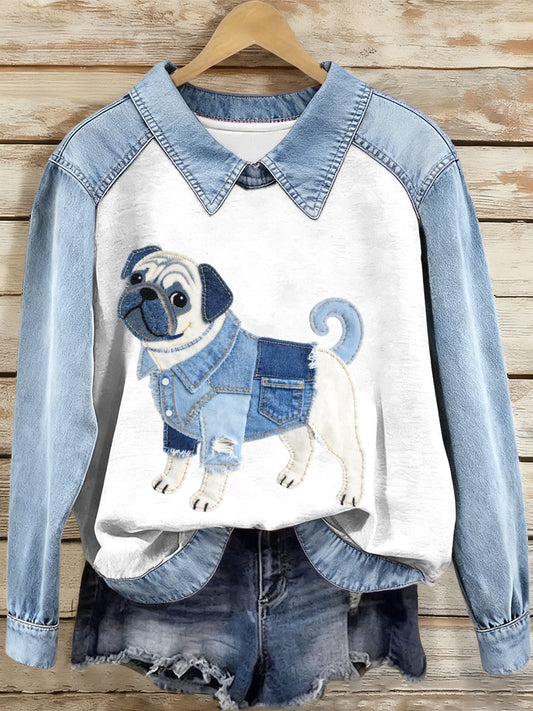 Femmes Denim Patchwork Pug Dog Pattern Sweatshirt