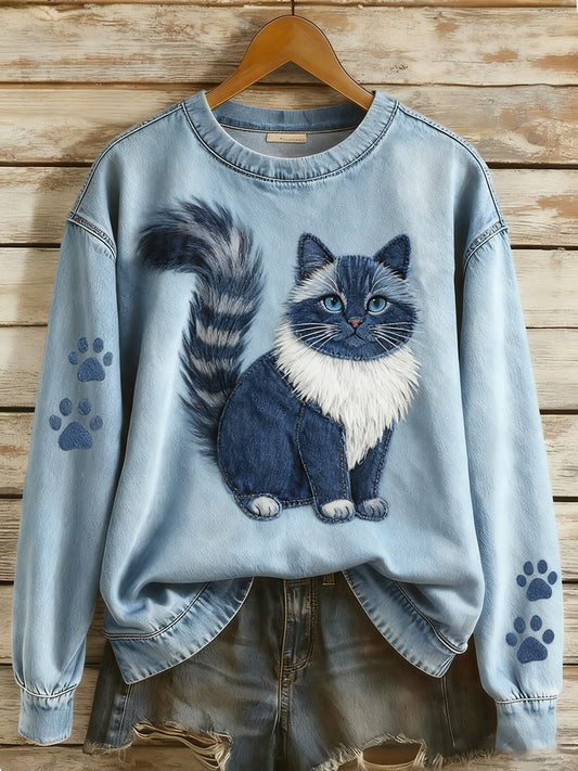 Rétro Denim Patchwork Animal Art Print Casual Comfort Sweat-shirt à manches longues pour femmes