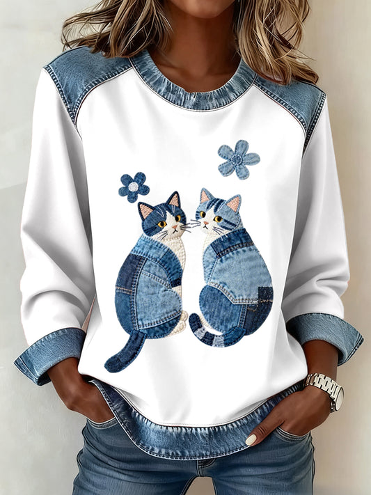 Femmes Mignon Chats Motif Denim Patchwork Sweatshirt