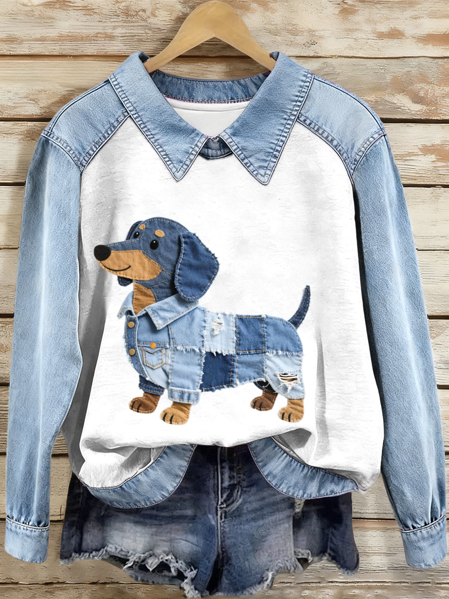 Femmes Denim Patchwork Teckel Motif Sweatshirt