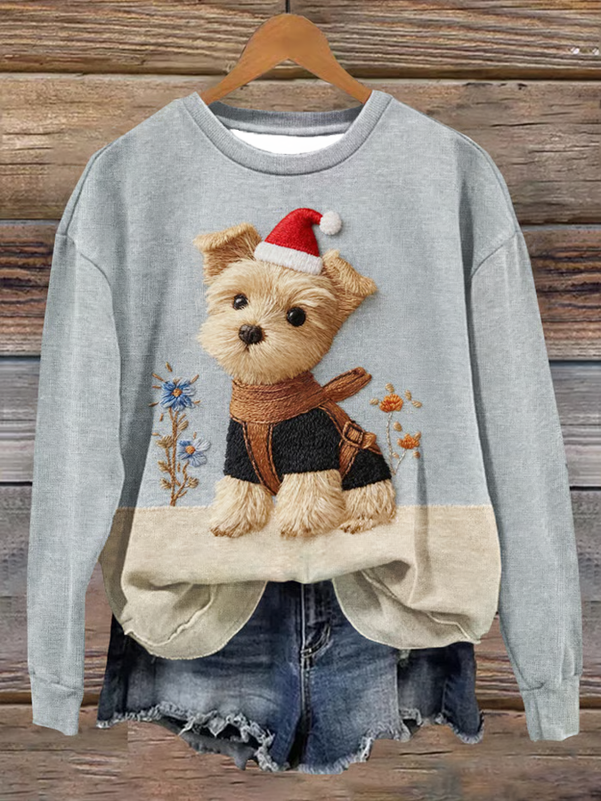 Chien mignon Noël Art imprimé Sweatshirt régulier des femmes
