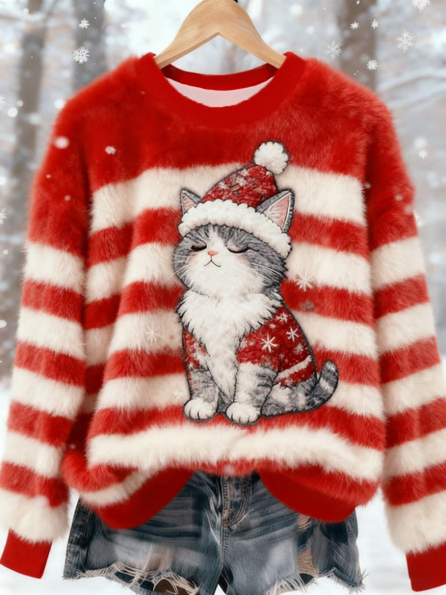Sweat à capuche en flanelle de chat mignon de Noël pour femmes