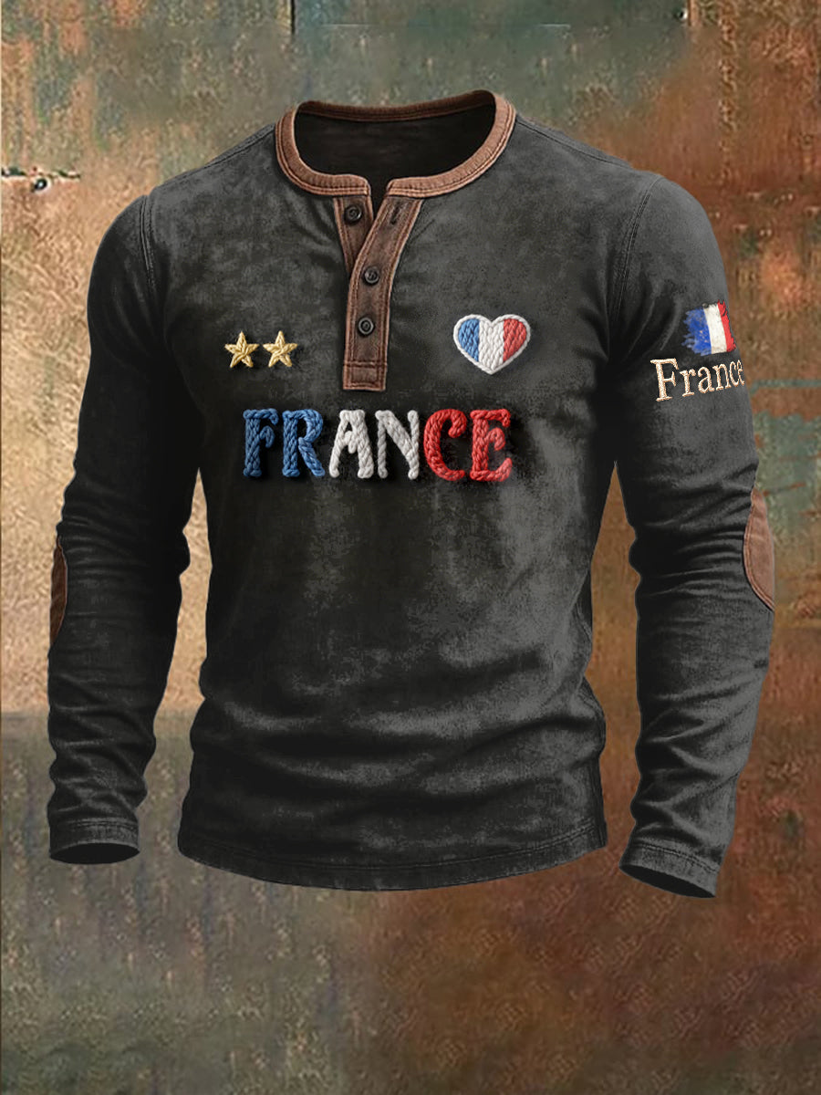 Sweat-shirt à manches longues en patchwork pour hommes avec drapeau français