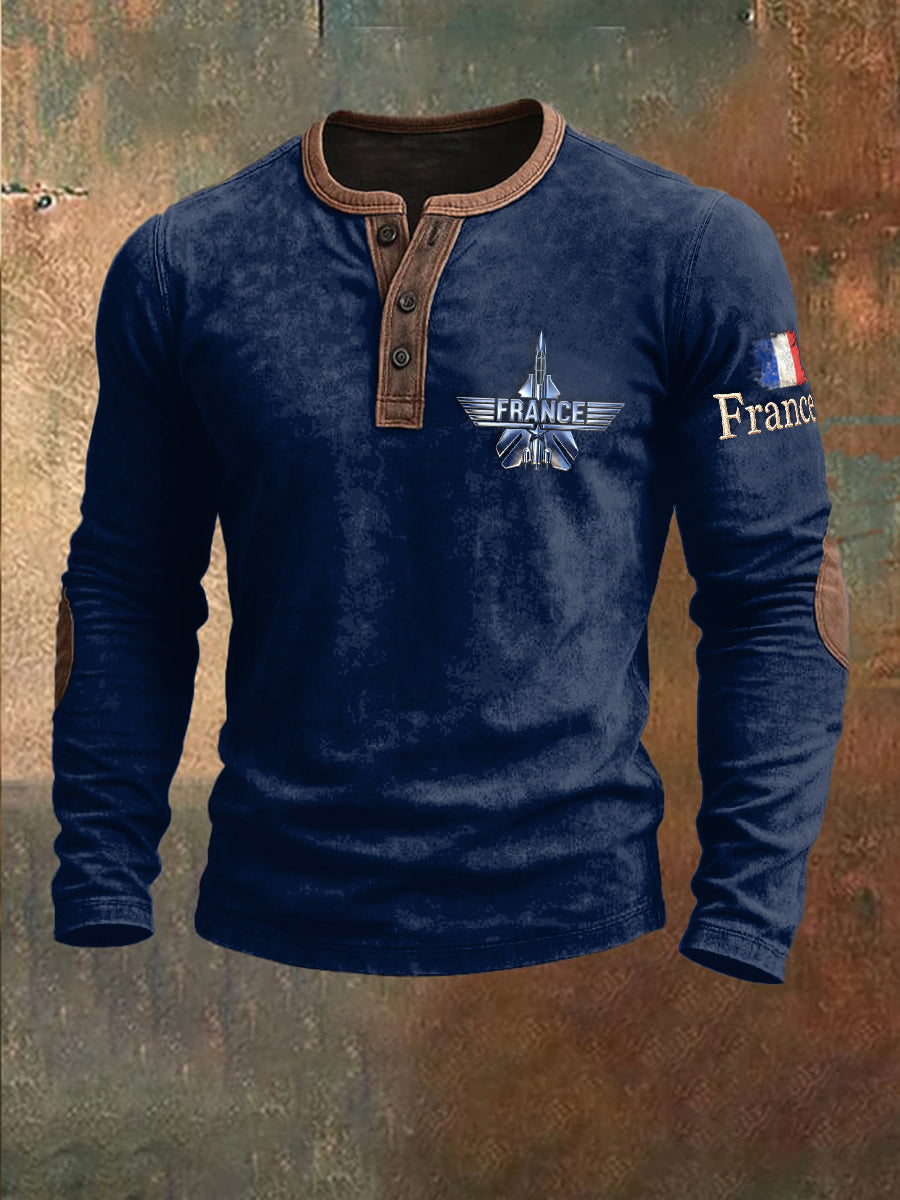 Sweat-shirt à manches longues patchwork pour hommes avec design de chasseur français