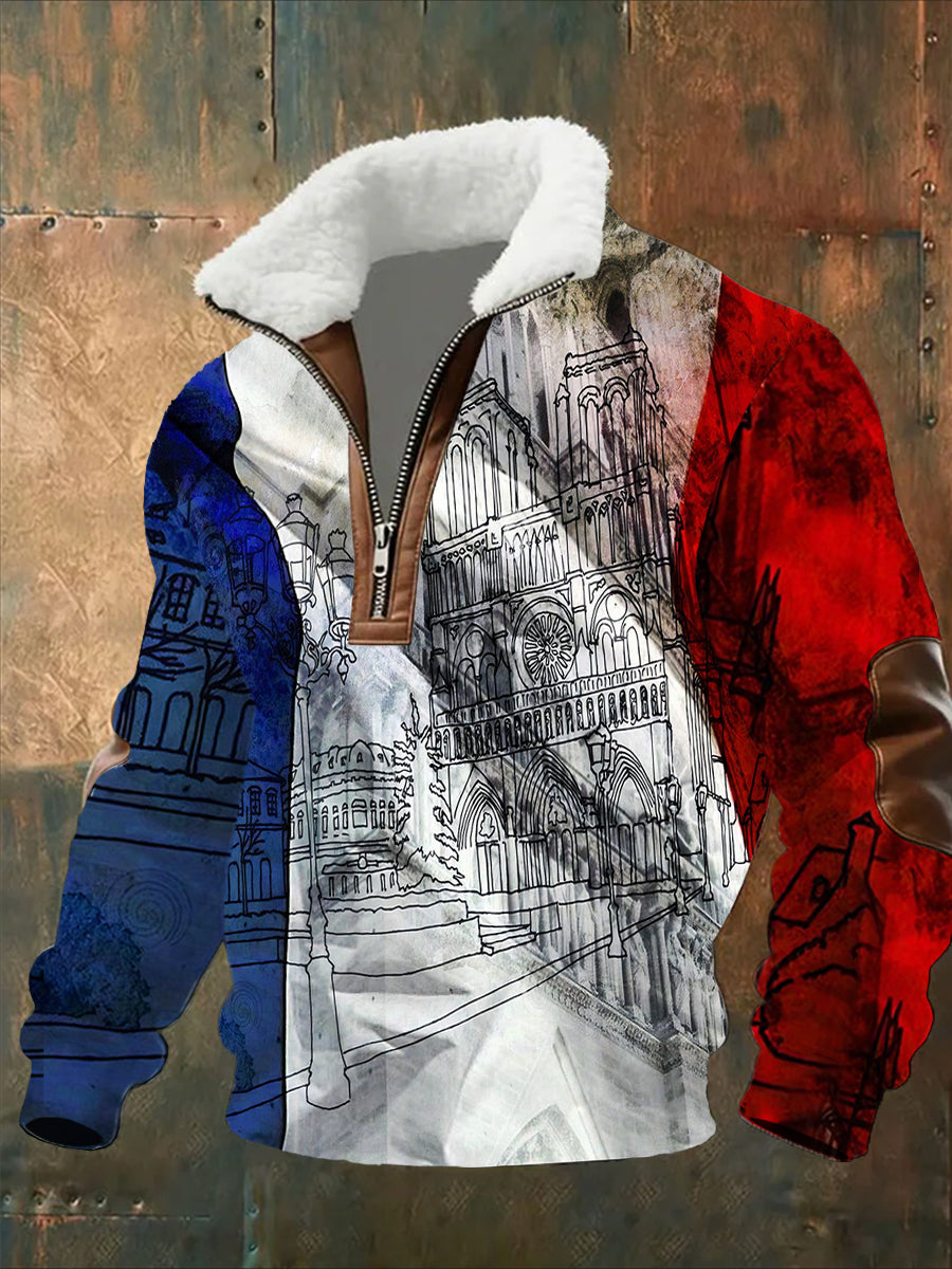 Sweat-shirt décontracté imprimé vintage pour homme avec col en polaire