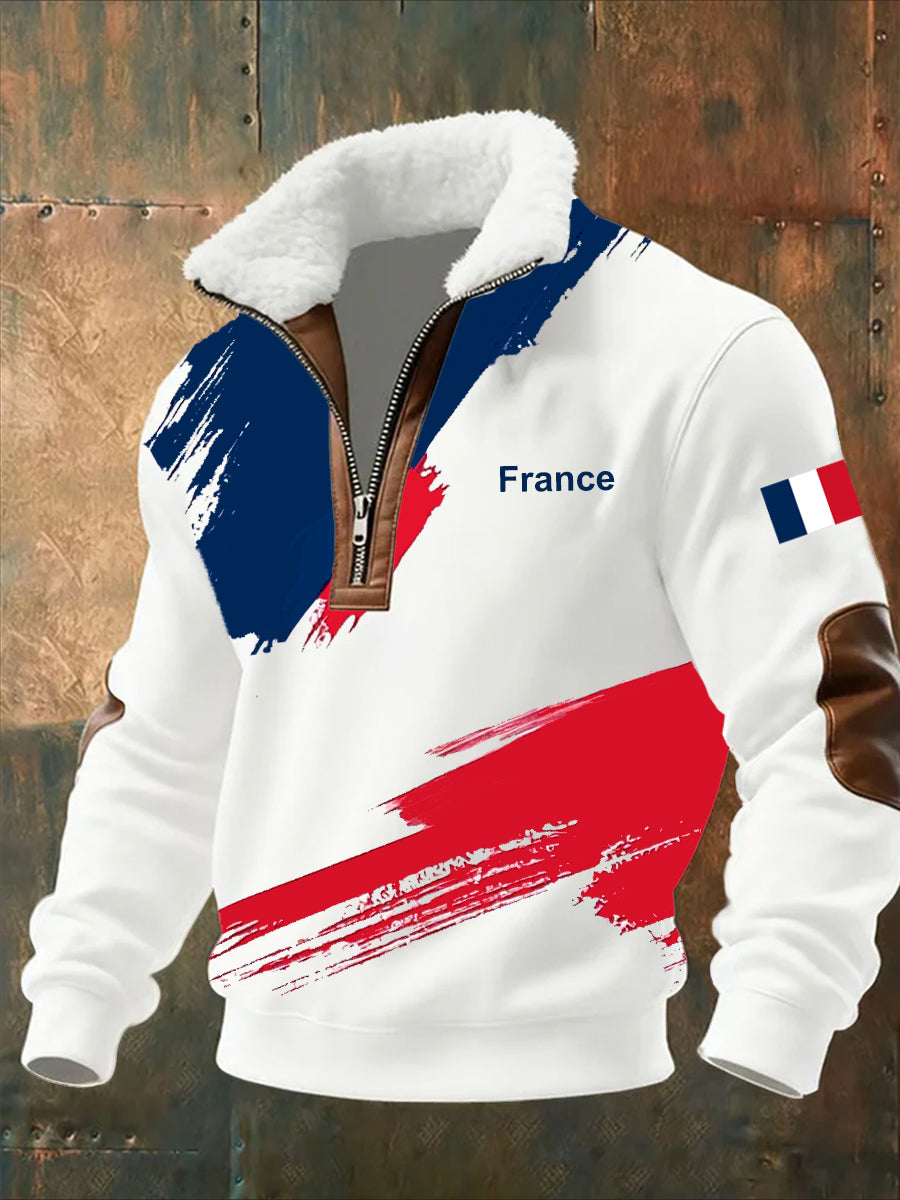 Sweat-shirt décontracté imprimé vintage pour homme avec col en polaire