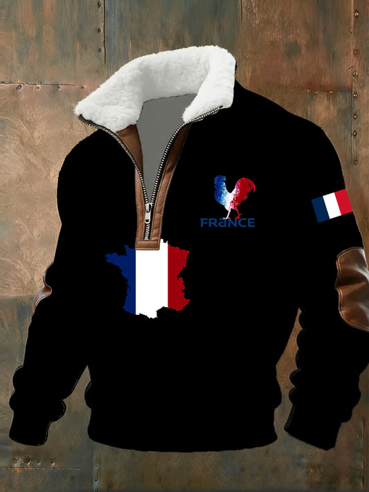 Sweat-shirt décontracté imprimé vintage pour homme avec col en polaire